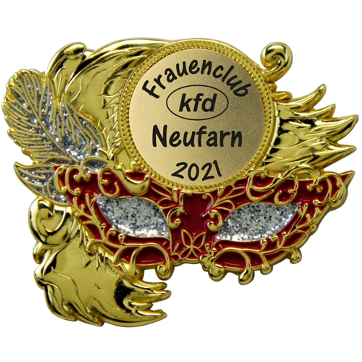 Karnevalsorden, Ansteckorden, Goldfarben, Maskenmotiv, Glitzerdetails