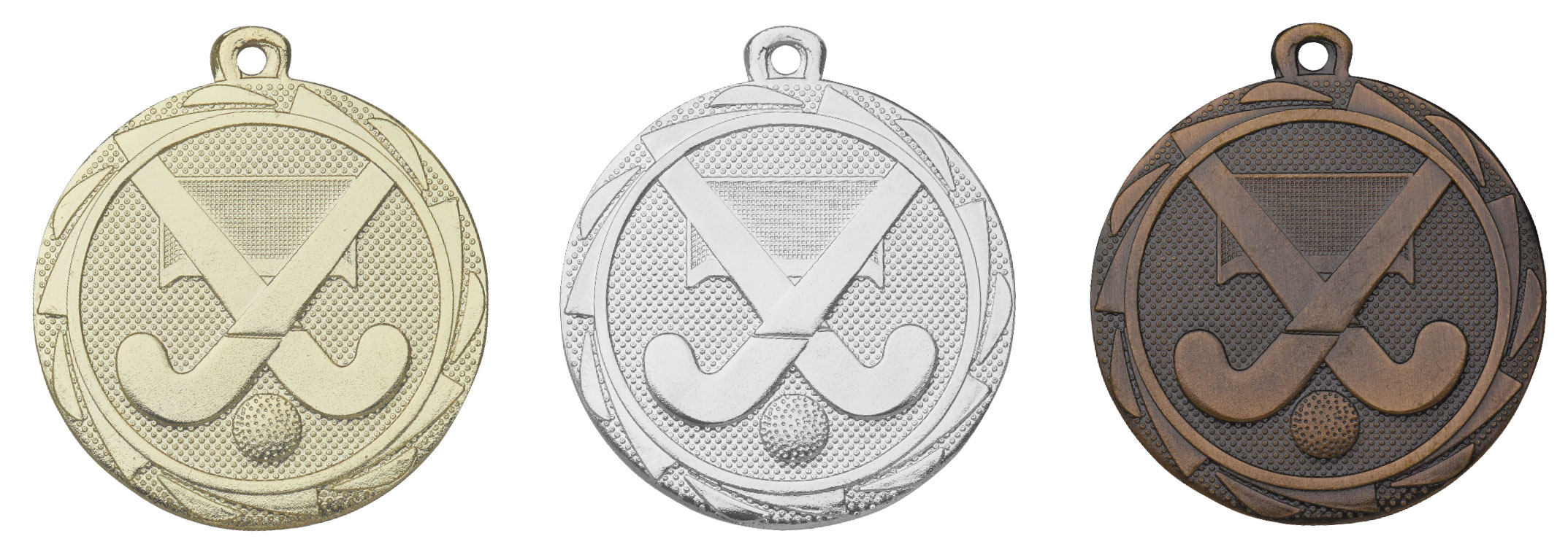 Medaille „Hockey“ mit Kranz in Gold, Silber und Bronze Runde Medaille „Hockey“ mit Kranz und Öse, gezeigt in Gold, Silber und Bronze, mit zwei gekreuzten Hockeyschlägern und Ball im Mittelteil