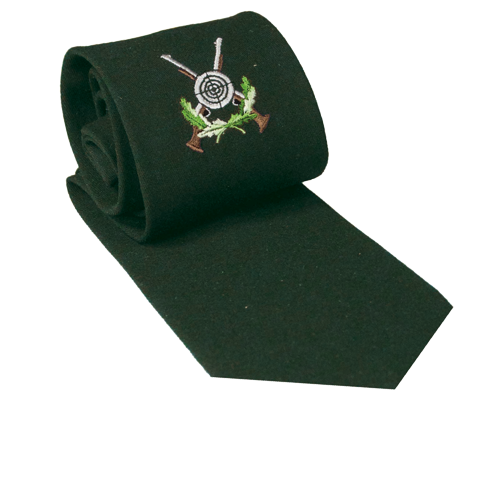 Krawatte mit gesticktem Motiv in Grün Grüne Schützenkrawatte mit gesticktem Motiv aus Schützenscheibe, zwei Gewehren und Eichenlaub