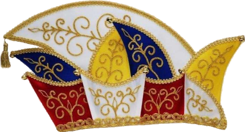 Prinzenmütze mit Glöckchen in Weiß, Blau, Gelb und Rot mit goldfarbener Verzierung Bunte Prinzenmütze mit Glöckchen in Weiß, Blau, Gelb und Rot, mit geschwungener goldfarbener Stickverzierung, dekorativem Rand und mehrspitziger Form