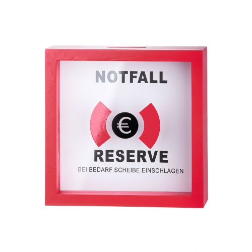 Spardose Notfall-Reserve in Rot mit Euro-Symbol hinter Scheibe Rote Spardose „Notfall-Reserve“ in quadratischer Form mit Sichtfenster, Euro-Symbol und Aufdruck „Notfall Reserve“ sowie „Bei Bedarf Scheibe einschlagen“ auf der Vorderseite.