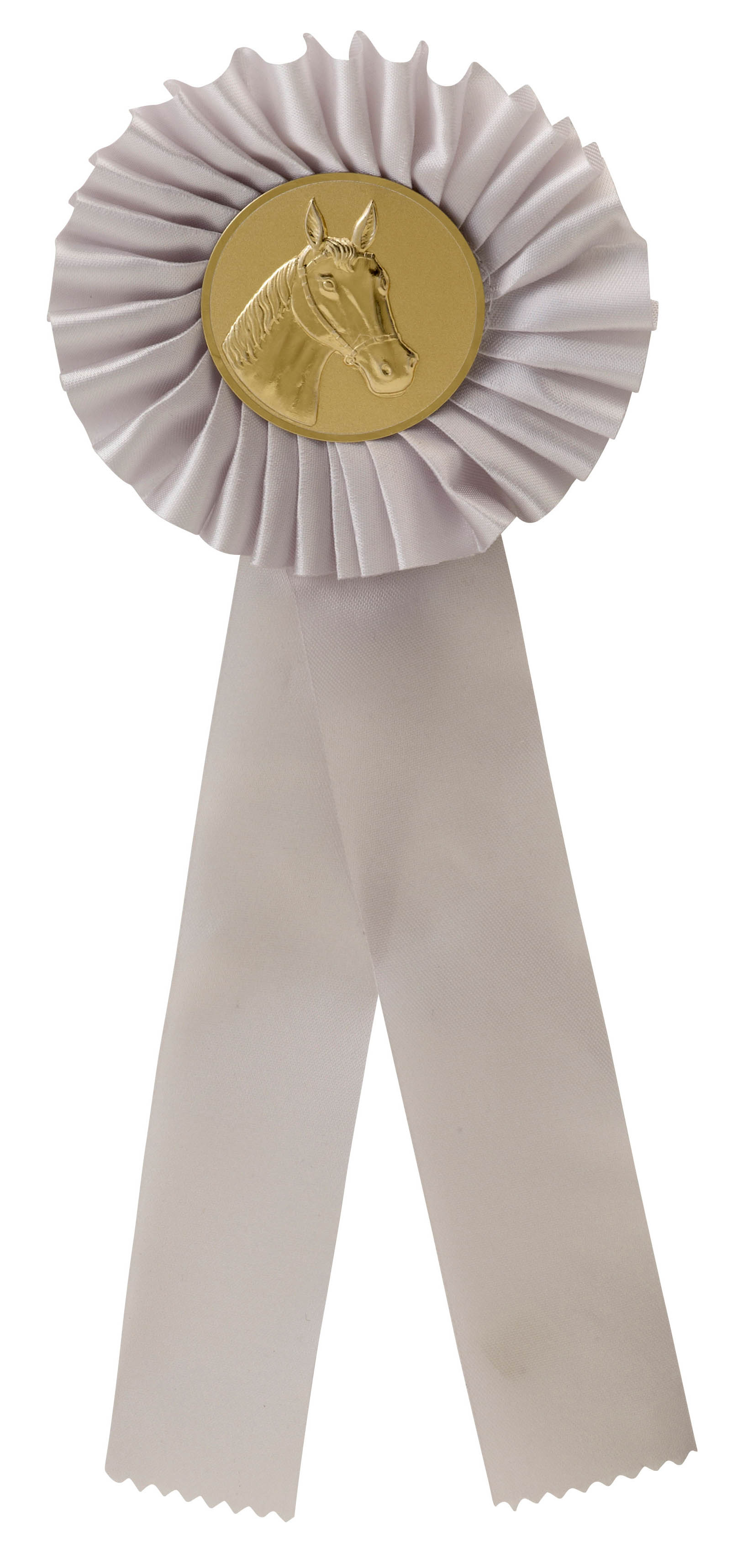 Einfache Rosette in Weiß mit goldfarbenem Emblem Einfache Rosette aus weißem Faltenband mit zwei weißen Schleifenbändern und rundem, goldfarbenem Metallemblem mit Pferdekopfmotiv in der Mitte.