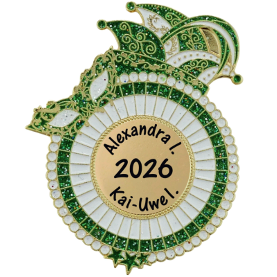 Karnevalsorden, Narrenkappe, Grün-goldene Farben, Glitzersteine, Personalisierter Orden