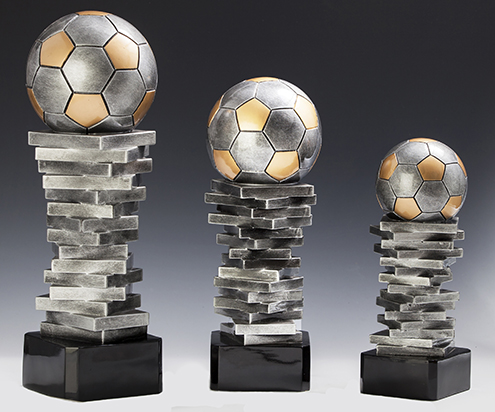 3er - Serie Soccer Trophy, grau/gold auf schwarzem Sockel 3er - Serie Soccer Trophy, grau/gold auf schwarzem Sockel