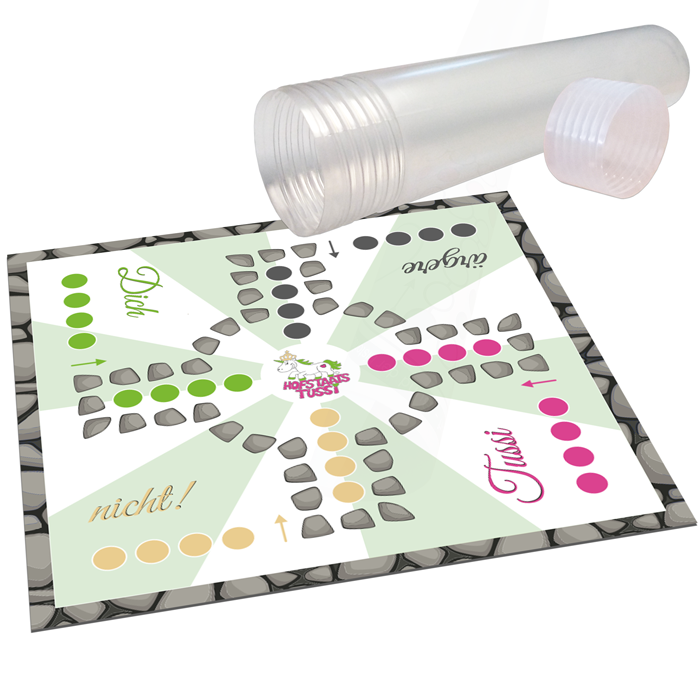 Hofstaatsspiel Tussi ärgere Dich nicht! mit Spielfeld und transparentem Becher Hofstaatsspiel Tussi ärgere Dich nicht! mit quadratischem Spielfeld im auffälligen Tussidesign, farbigen Spielfeldern und transparentem Kunststoffbecher