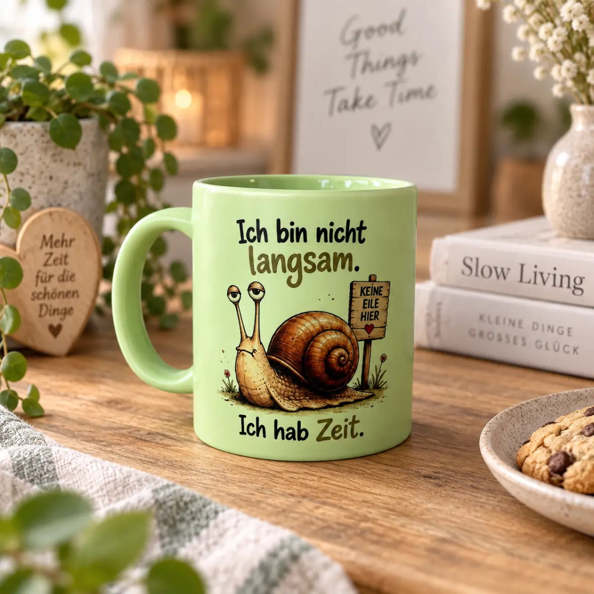Tasse Ich bin nicht langsam Kaffeetasse, Ton-in-Ton-grün, Schildkröte Motiv, Schnecke Illustration, Zeit Spruch