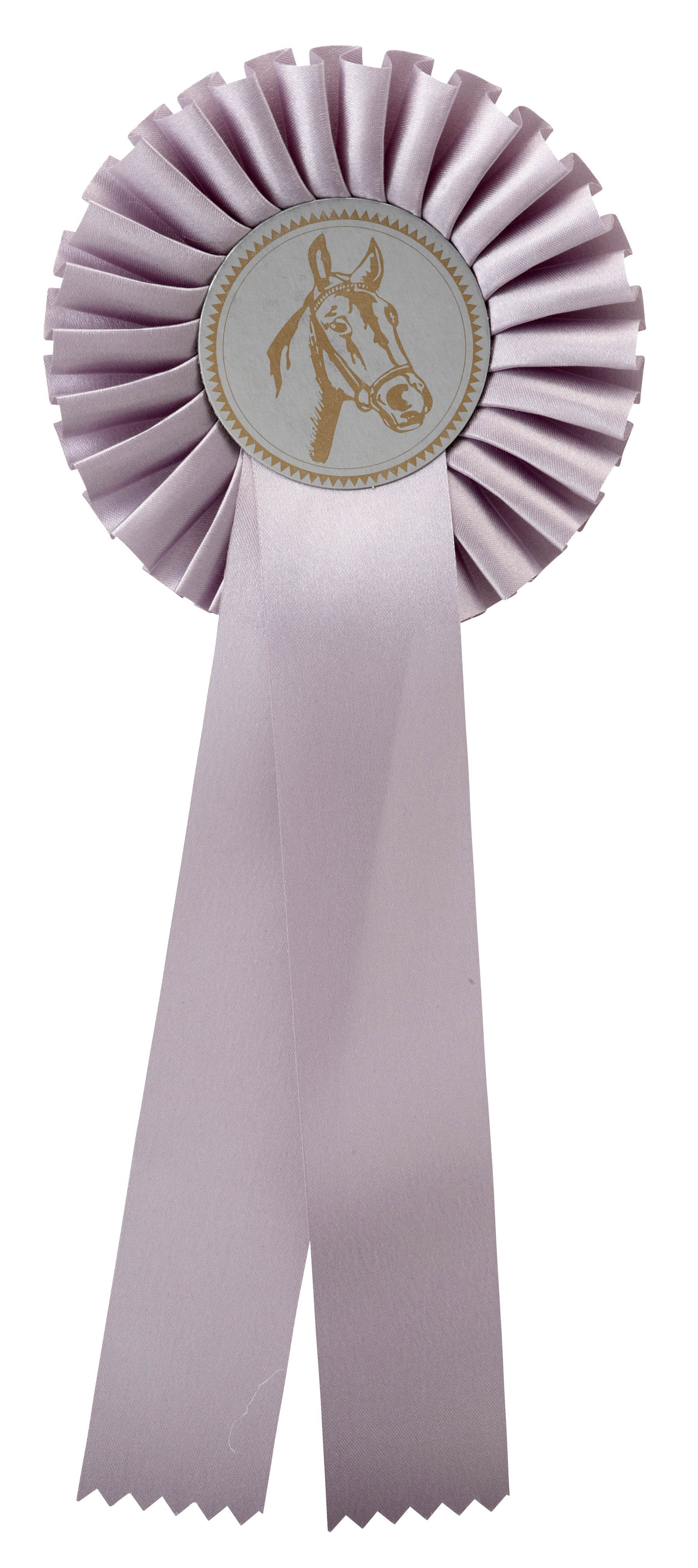 Einfache Rosette ohne Bandbedruckung in Hellrosa mit Pferdekopf-Emblem Einfache Rosette in Hellrosa mit gefaltetem Rosettenkopf, zwei langen Schleifenbändern ohne Bandbedruckung und rundem Mittelteil mit Pferdekopf-Emblem.