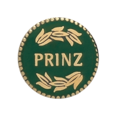 Auflage Prinz Hofstaatsabzeichen vergoldet mit grünem Hintergrund Runde Auflage Prinz als Hofstaatsabzeichen in Goldoptik mit grünem Hintergrund, Schriftzug „Prinz“ und Eichenlaubmotiv am Rand