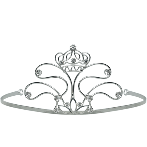 Diadem versilbert mit Kristallsteinchen in filigraner Kronenform Versilbertes Diadem mit filigraner, geschwungener Kronenform und eingefassten Kristallsteinchen, mittig erhöht und auf schmalem Reif gearbeitet.