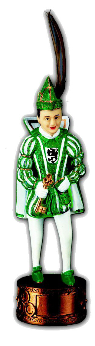 Prinz Karneval Figur grün-weiß mit Feder Prinz Karneval Figur in Grün-Weiß mit hoher Feder am Hut, grün-weißem Kostüm und Sockel, detailreich gestaltete Kunstharzfigur mit Gravurfeld