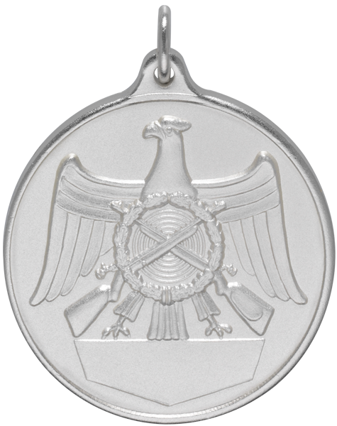 Medaille 40 mm mit Schützenadler und Gravurfläche Runde Medaille 40 mm in silberfarbener Optik mit Öse und Ring, geprägt mit Schützenadler, Zielscheibe, gekreuzten Gewehren, Eichenlaub und Gravurfläche im unteren Bereich.