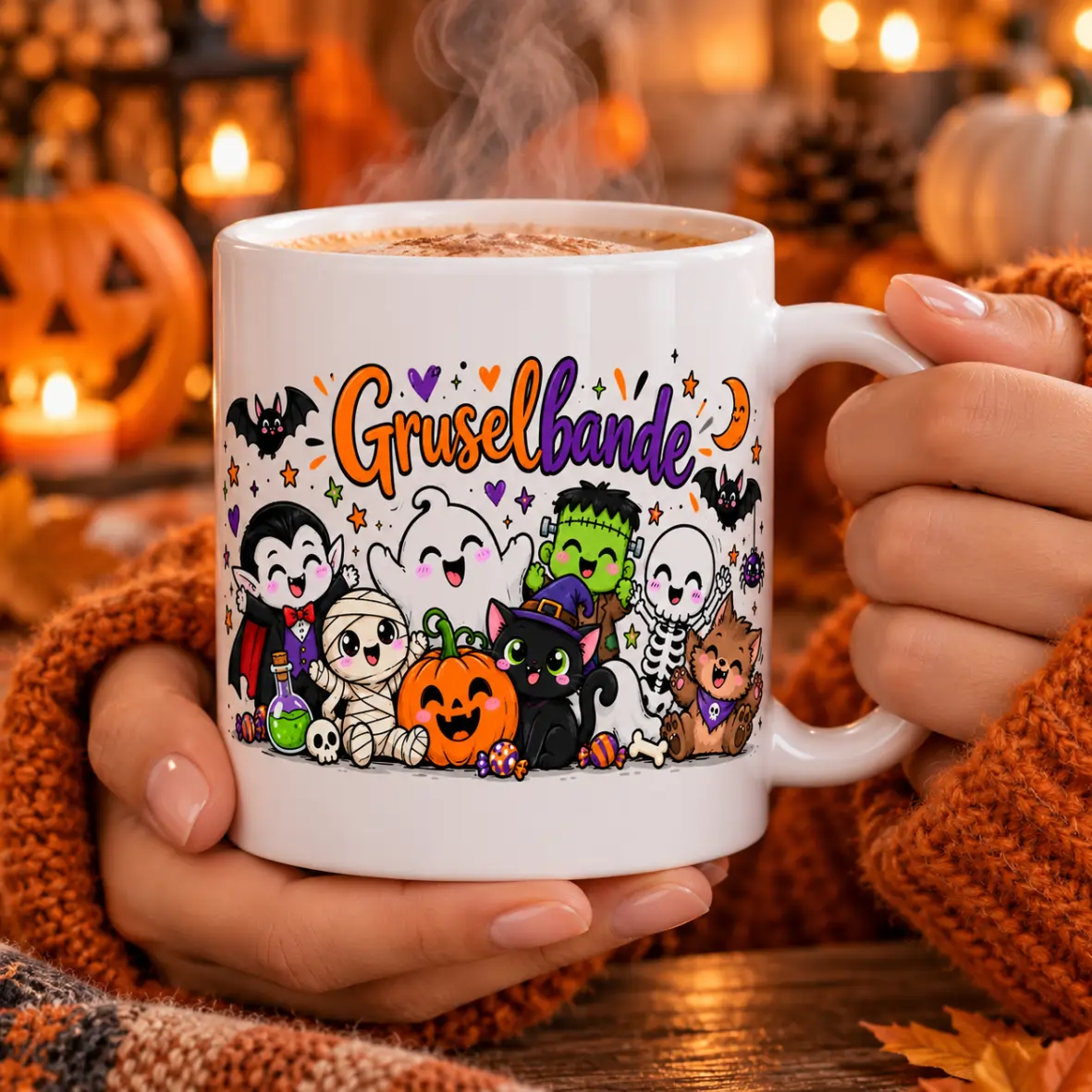 Kaffeebecher, Halloween, Halloween-Motiv, Kürbis, Mug mit Gruselfiguren