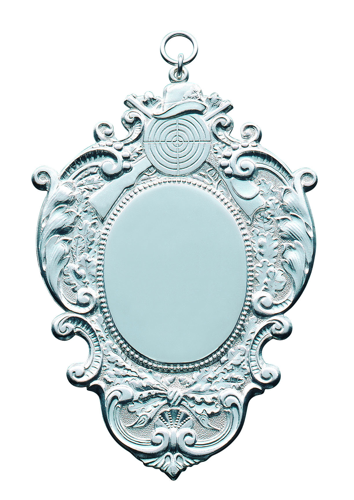 Schild mit Schützenemblem, versilbert mit Öse und Ring Schild mit Schützenemblem, versilbert mit Öse und Ring