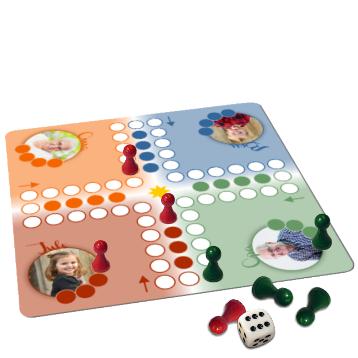 Maxitafel 385 x 385 mm Foto-Brettspiel bunt Quadratisches, buntes Foto-Brettspiel Maxitafel 385 x 385 mm im Stil von Mensch ärgere Dich nicht mit vier eingefügten Porträtfotos, farbigen Spielfeldern sowie roten und grünen Spielfiguren und Würfel.