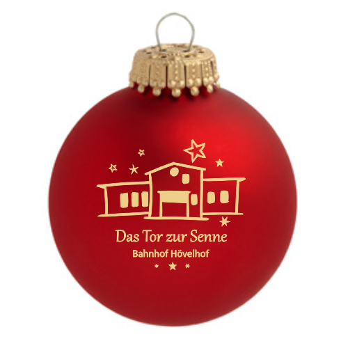 Hövelhof Bahnhof Weihnachtskugel mit Motiv Bahnhof Hövelhof Rote Weihnachtskugel aus Glas mit goldfarbenem Motiv des Bahnhofs Hövelhof und Schriftzug Das Tor zur Senne Bahnhof Hövelhof
