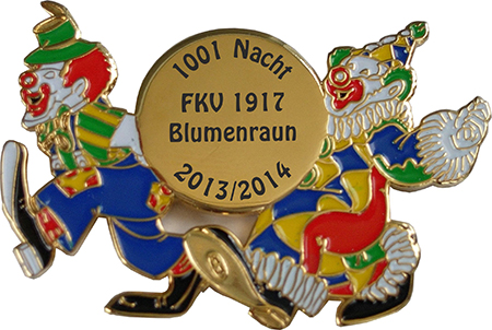 Karnevalsabzeichen Gold Zwei Clowns mit rundem Druckfeld Karnevalsabzeichen Gold Zwei Clowns als goldfarbener Metall-Pin mit zwei bunten Clownfiguren und rundem Druckfeld in der Mitte, geeignet als Anstecker für Karneval und Fasching