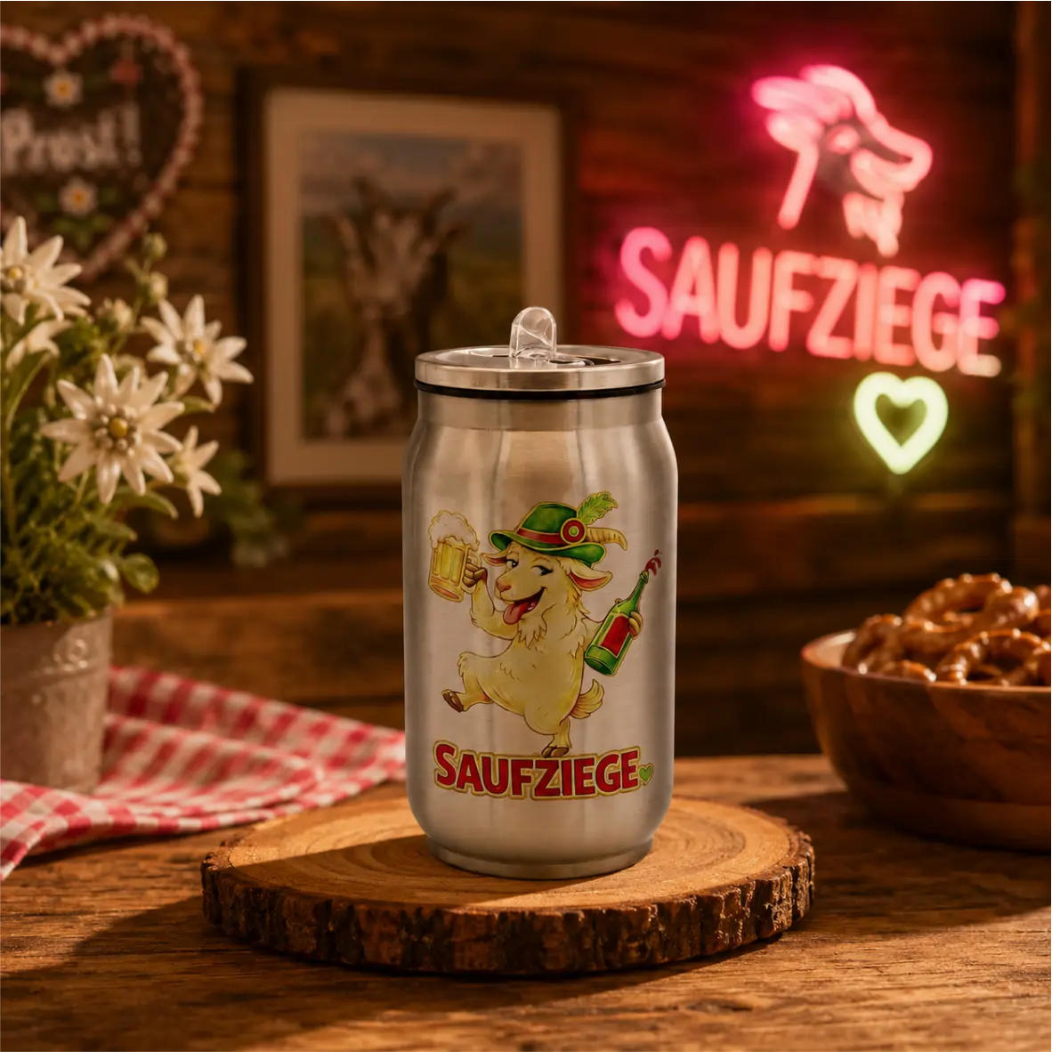 Thermodose Saufziege 250 ml – doppelwandiges Edelstahl-Trinkgefäß mit Trinkhalm Trinkbecher, Alu Dose, Bierkrug, Saufziege, Deko-Behälter
