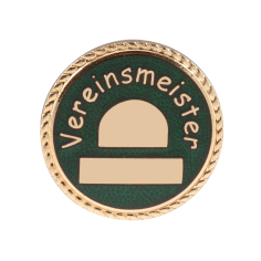 Abzeichen versilbert mit Sicherheitsnadel Vereinsmeister, rund in Grün Rundes Vereinsabzeichen „Vereinsmeister“ in versilberter Optik mit grünem Hintergrund und hellem Symbol in der Mitte, geeignet zur Befestigung mit Sicherheitsnadel am Schützenverein-Outfit