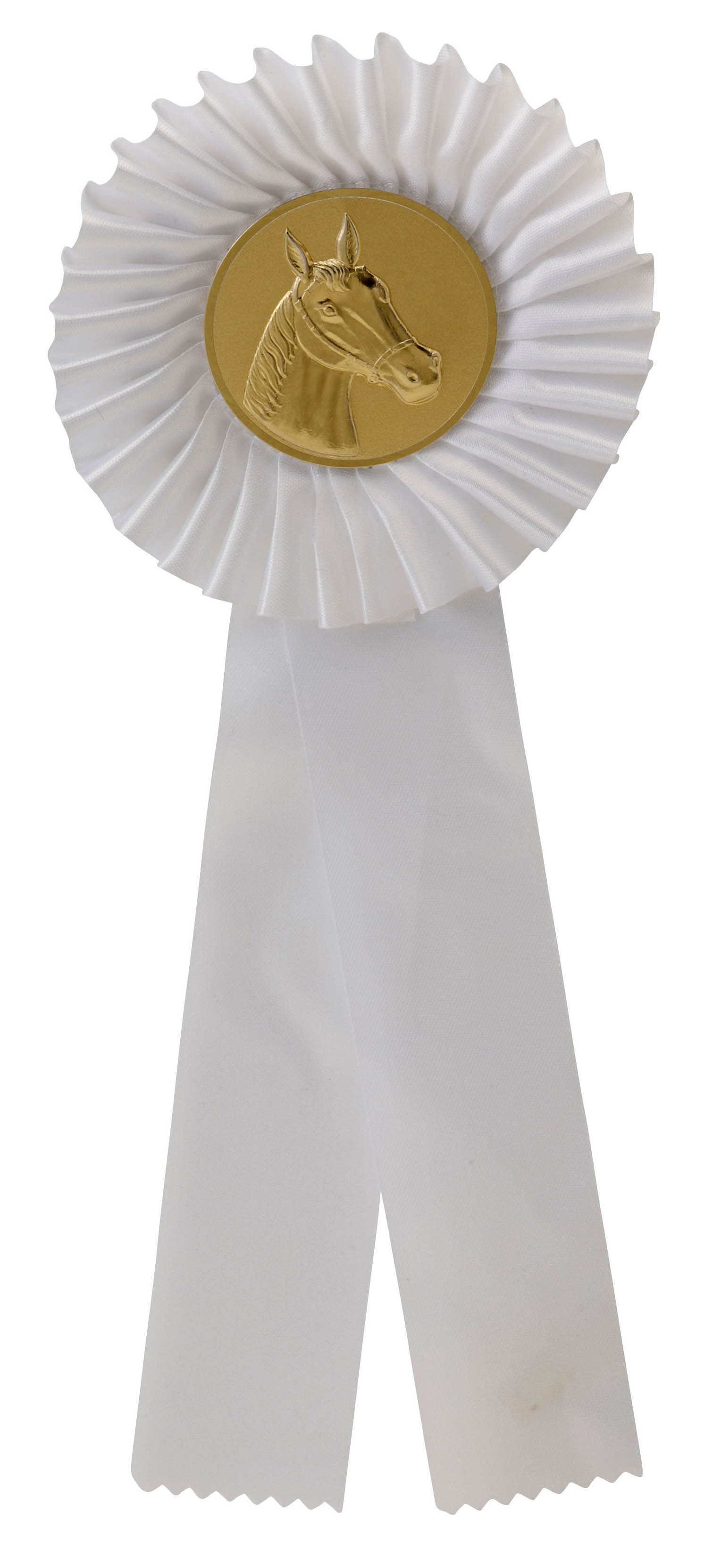Einfache Rosette in Weiß mit goldfarbenem Emblem Weiße einfache Rosette mit gefälteltem Rundteil, zwei langen Schleifenbändern und goldfarbenem Metallemblem mit Pferdekopf im Zentrum.