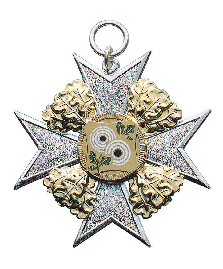 Orden mit Auflage Zwei Zielscheiben in Sternform Orden mit Auflage für Schützen, silberfarbener Sternorden mit goldfarbenen Eichenblättern und runder Auflage mit zwei Zielscheiben