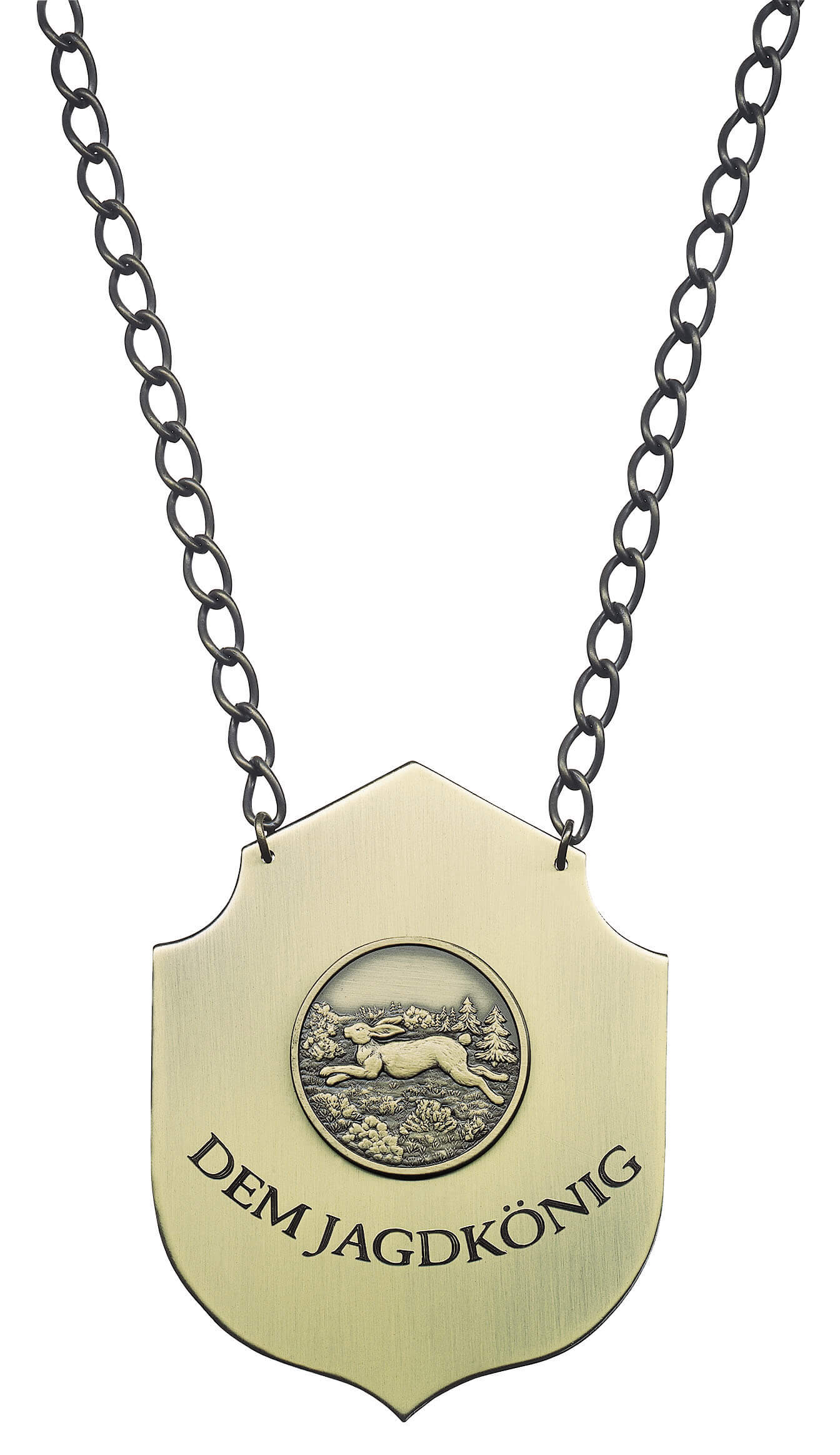 Kette bronze mit Hasenmotiv und Schriftzug Dem Jagdkönig Bronzefarbene Kette mit großem, spitz zulaufendem Schild, rundem Hasenmotiv in der Mitte und gebogenem Schriftzug Dem Jagdkönig.