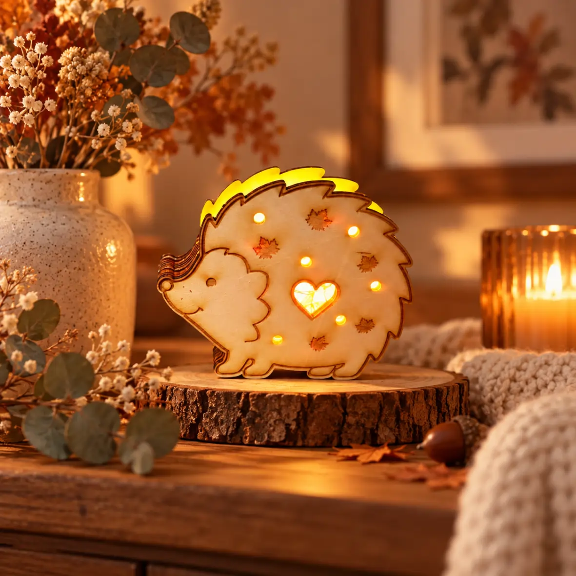 Warm leuchtender LED-Igel „Herbstlicht Igel“ aus hellem Sperrholz mit Herzöffnung und Blattmotiven auf einer Baumscheibe, umgeben von Trockenblumen, Herbstblättern und einem leuchtenden Windlicht.