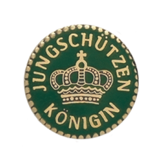 Auflage Jungschützenkönigin in Goldoptik mit Krone auf grünem Rund Runde Auflage Jungschützenkönigin in Goldoptik mit goldener Krone und umlaufendem Schriftzug auf grünem Hintergrund, geeignet für Orden und Vereinsabzeichen