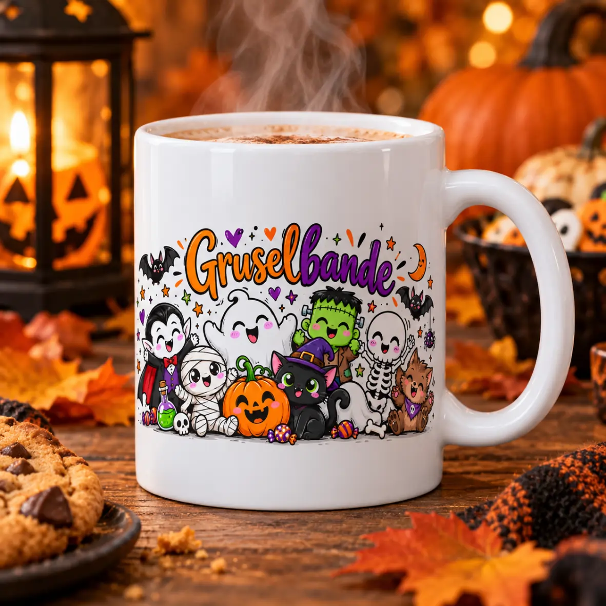 Halloween, Kaffeebecher, Gruselbande, Kuscheltier-Motive, Steam-Coffee