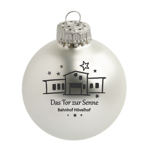 Hövelhof Bahnhof Weihnachtskugel mit Motiv Das Tor zur Senne Weiße Weihnachtskugel aus Glas mit schwarzem Motiv des Bahnhofs Hövelhof und dem Schriftzug Das Tor zur Senne, Bahnhof Hövelhof
