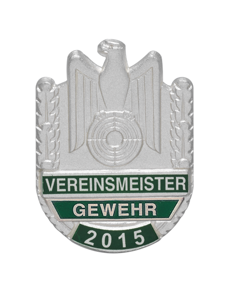 Vereinsmeisterabzeichen versilbert Gewehr 2015 in Wappenform Vereinsmeisterabzeichen in versilberter Wappenform mit Schützenadler, Zielscheibe und Eichenlaub, grün abgesetzt mit den Aufschriften Vereinsmeister, Gewehr und 2015