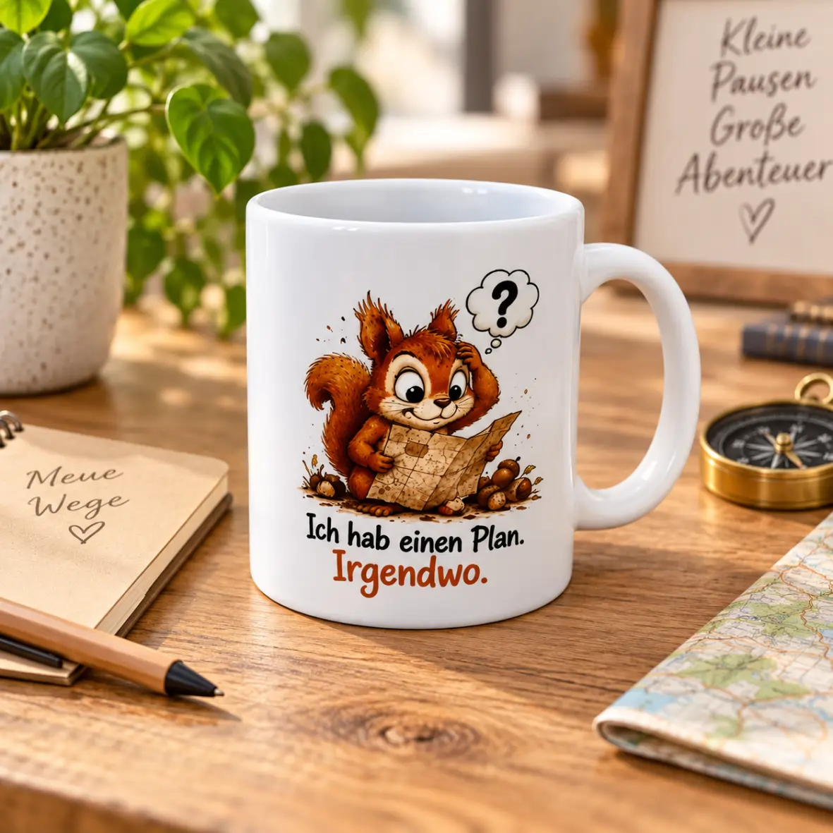 Tasse Ich habe einen Plan Kaffeemug, Eichhörnchen, Kartenlese, Spruch, Porzellan
