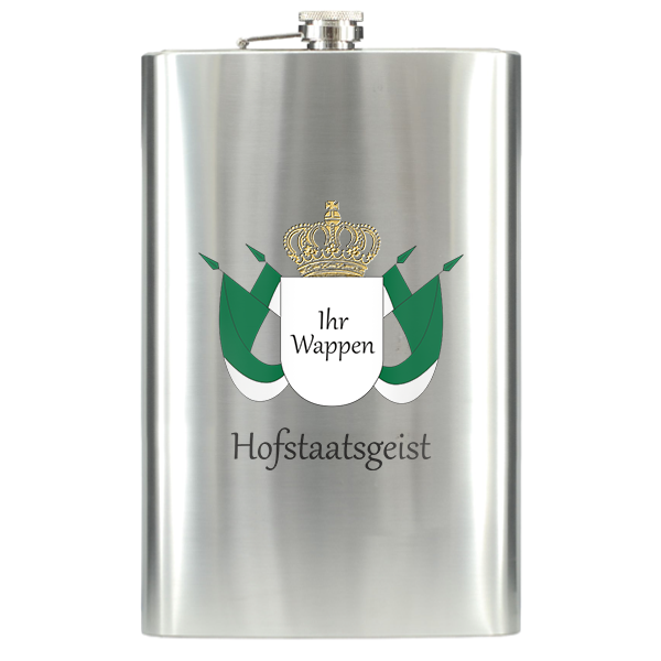 Flachmann Hofstaatsgeist aus Edelstahl mit Wappenmotiv und Krone Flachmann Hofstaatsgeist aus Edelstahl in rechteckiger Form mit Schraubverschluss, bedruckt mit Krone, grün-weißem Wappenmotiv, dem Text „Ihr Wappen“ und dem Schriftzug „Hofstaatsgeist“