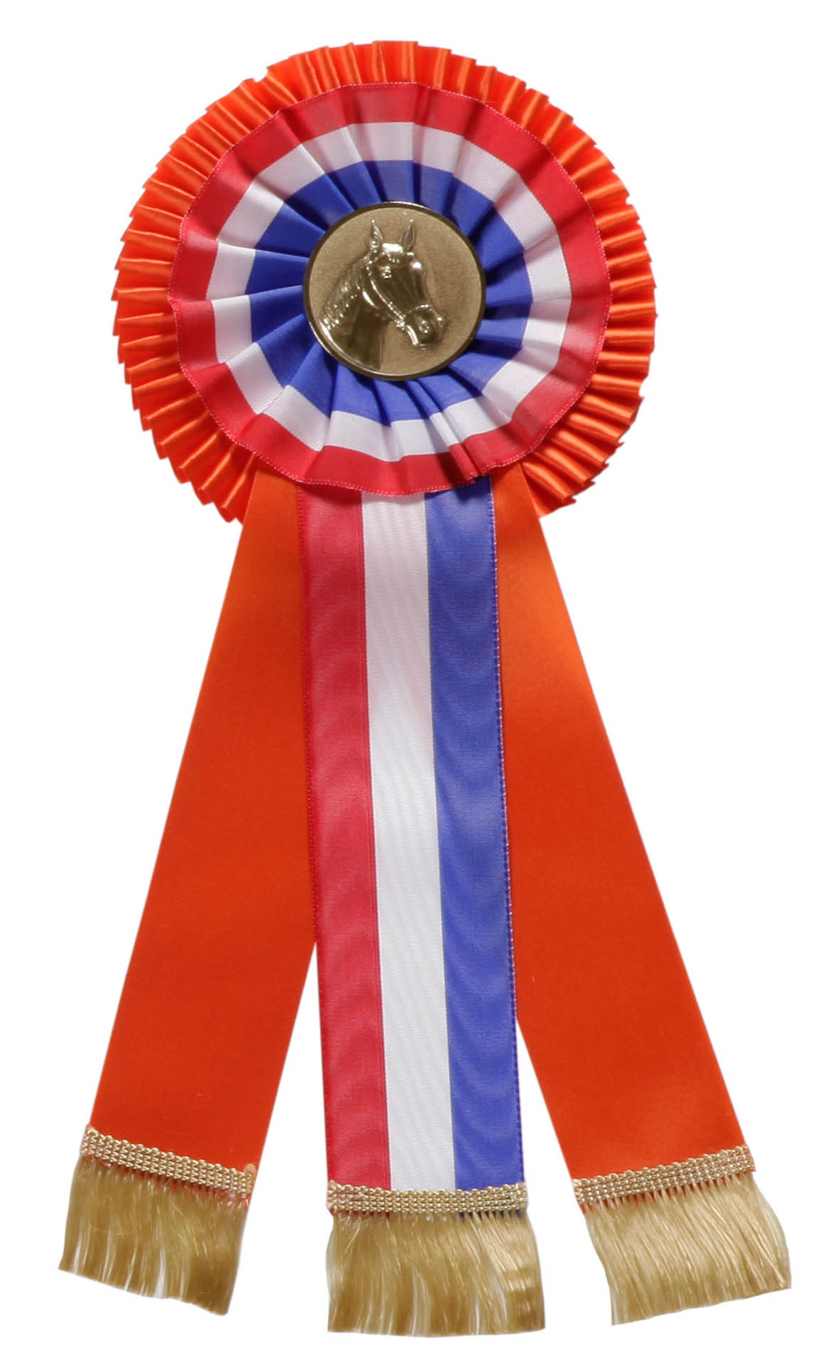 Meister-Rosette mit Fransen in Rot-Weiß-Blau mit Pferdeemblem Mehrfarbige Meister-Rosette mit Fransen in Rot, Weiß und Blau, runder gefalteter Rosette, drei Schleifenbändern und mittigem Metallemblem mit Pferdekopf.