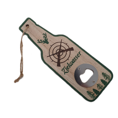 Flaschenöffner Zielwasser in Flaschenform mit Metallöffner und Kordel Flaschenöffner Zielwasser aus MDF in Flaschenform mit Metallöffner, Kordel zum Aufhängen und Aufdruck mit Zielscheibe, Hirschkopf und Tannenzweigen