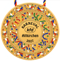 Runder Konfettiorden mit einfarbigem Aufdruck „KARNEVAL kfd Altkirchen 2021“ Runder Karnevalsorden mit goldfarbener Umrandung, buntem Konfetti und Luftschlangen sowie einem Band in Rot, Gelb und Blau. Das zentrale Feld trägt den schwarzen Aufdruck „KARNEVAL kfd Altkirchen 2021“., Karnevalsorden, rund, goldfarben, bunt verziert, 20
