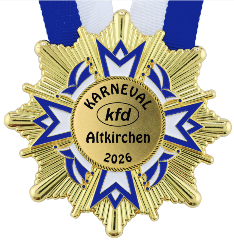 Karnevalsorden Stern mit Krone Blau-Weiß – Vorderansicht mit einfarbigem Druck Goldfarbener Karnevalsorden mit strahlenförmigem Rand, blau-weißen Stern- und Kronenmotiven sowie blau-weißem Band. Das runde Mittelfeld trägt den schwarzen Aufdruck „KARNEVAL kfd Altkirchen 2026“., Karnevalsorden, Goldfarben, Blau-Weiß, Metallmedaille, H