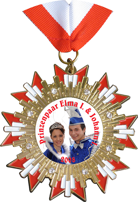 Prinzenpaar-Orden Gold mit Glitzersteinen Rot/Weiß