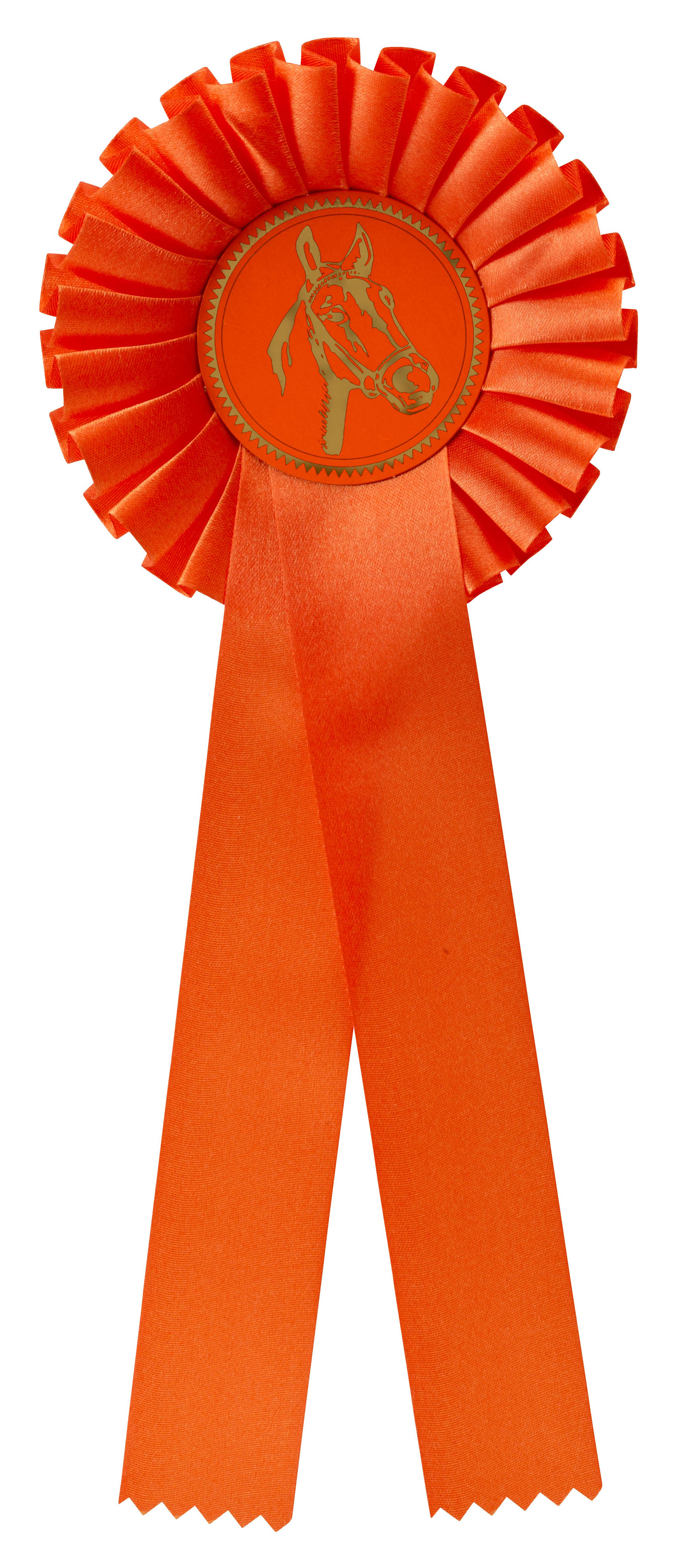 Einfache Rosette in Orange mit Pferdekopf-Emblem Orange einfache Rosette mit gefaltetem Rosettenkopf, zwei langen Schleifenbändern und rundem Mittelteil mit Pferdekopf-Emblem.