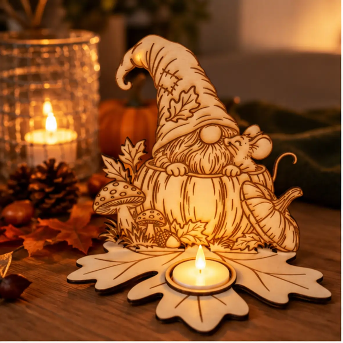 Herbstlicht Wichtel im Kürbis Halloween, Teelichthalter, Pilze, Gnom, Herbst