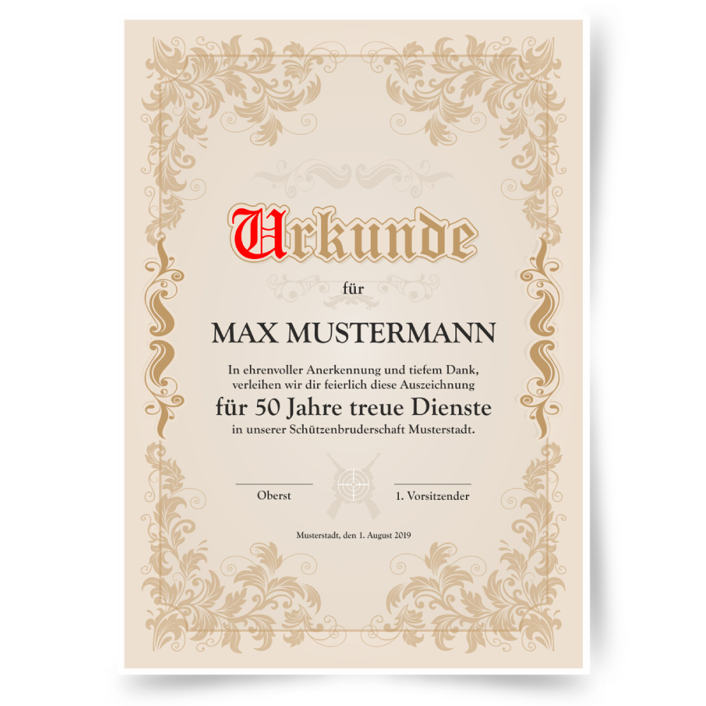 Urkunde für 50 Jahre treue Vereinsdienste mit goldfarbener Zierbordüre Urkunde für 50 Jahre treue Vereinsdienste mit beigefarbenem Hintergrund, goldfarbener floraler Bordüre und personalisiertem Beispieltext für eine Ehrung im Schützenverein.