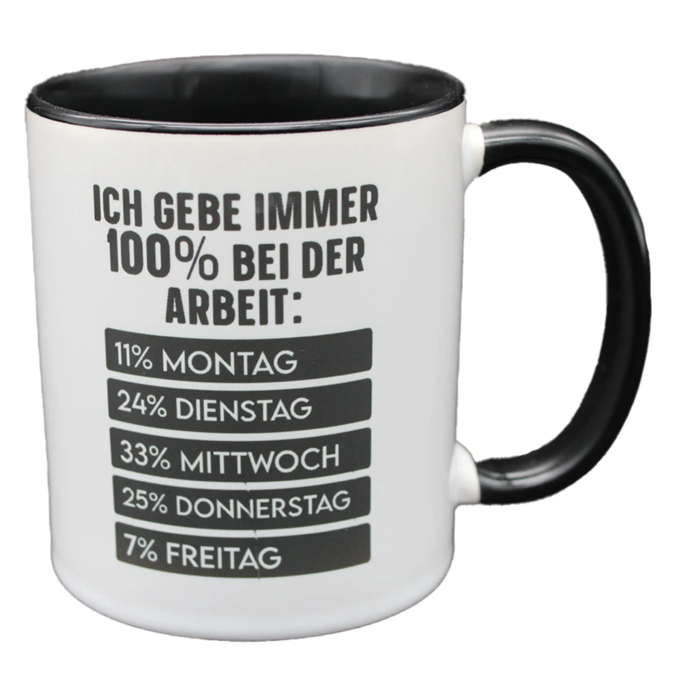 Tasse 100% bei der Arbeit mit schwarzem Henkel und Wochenprozent-Motiv Weiße Tasse 100% bei der Arbeit mit schwarzem Henkel und schwarzer Innenseite, bedruckt mit dem Spruch „Ich gebe immer 100% bei der Arbeit“ und einer Prozentaufteilung von Montag bis Freitag.