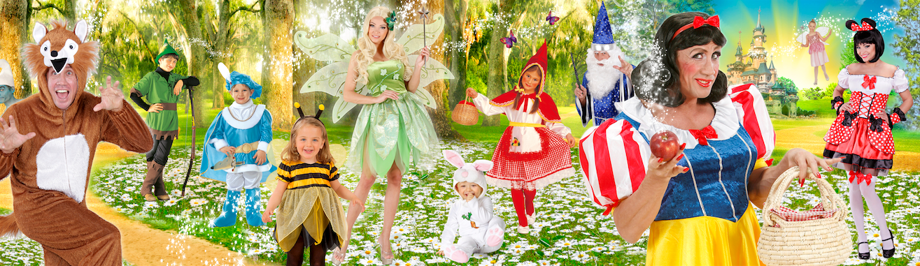 Verkleidete Figuren im Märchenwald mit Fuchs, Fee, Schneewittchen, Rotkäppchen und Zauberer Collage mit Kostümen im Wald: Fuchs, Robin-Hood-Figur, blaue Märchenfigur, Fee, Biene, Hase, Rotkäppchen, Zauberer, Schneewittchen mit Apfel und Korb sowie Minnie-inspiriertes Kleid