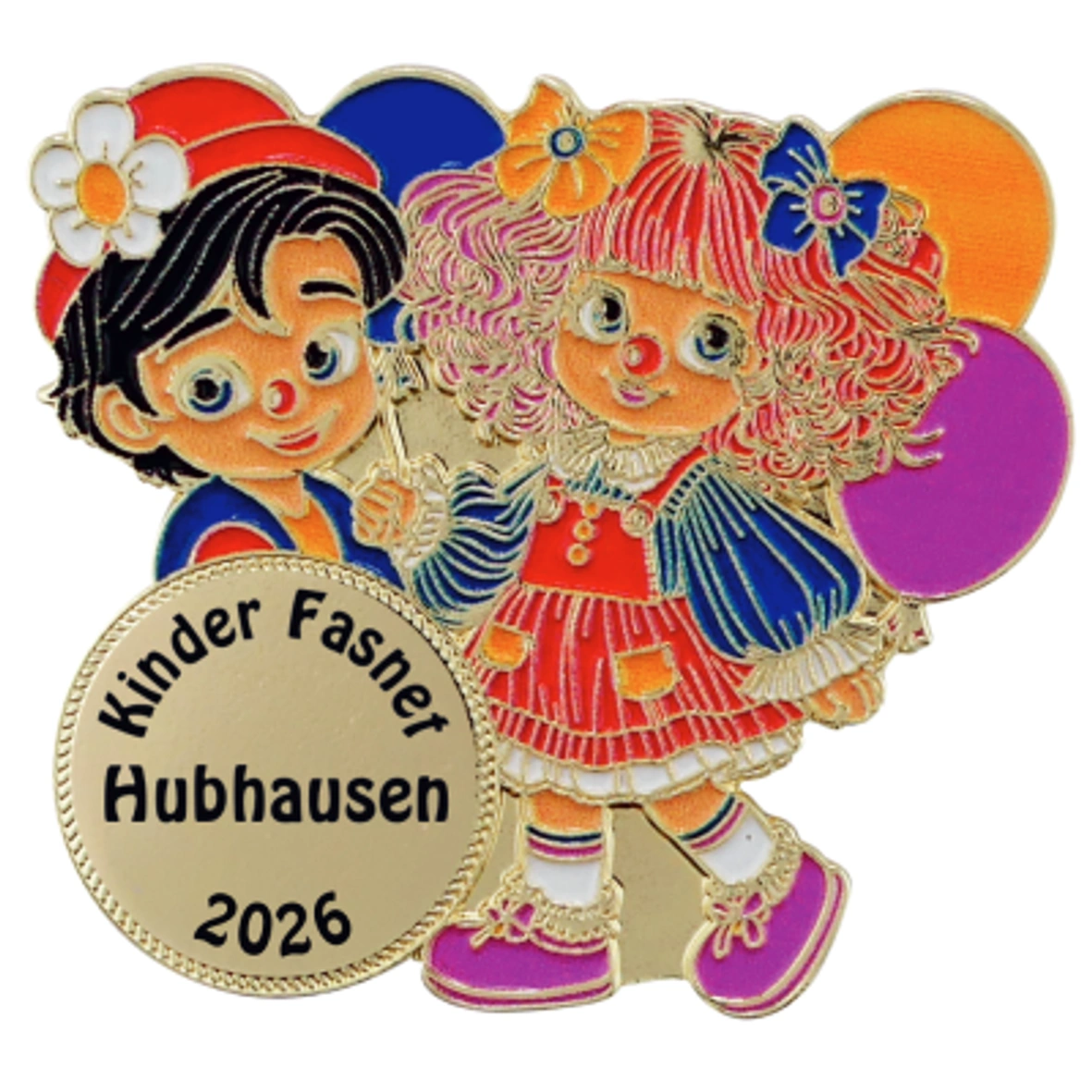 Karnevalspin mit zwei bunten Karnevalsfiguren und rundem Druckfeld Karnevalspin in Vorderansicht mit zwei bunt gekleideten Figuren, Blüten und Luftballons. Goldfarbene Konturen umrahmen das Motiv und das runde Druckfeld mit der Aufschrift „Kinder Fasnet Aubhausen 2026“., Fasnachtsorden, Anstecknadel, Emaille, Kinderpaar,