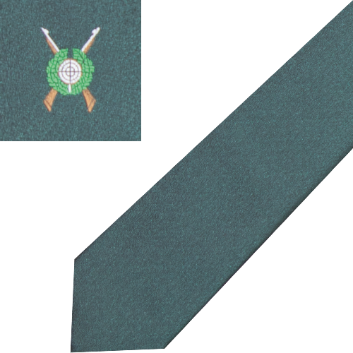 Schützenkrawatte mit gewebtem Motiv Eisfond in Grün Grüne Schützenkrawatte mit gewebtem Motiv Eisfond, schmale Form mit kleinem Schützenemblem aus Eichenkranz, Zielscheibe und gekreuzten Gewehren