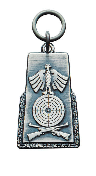 Anhänger vergoldet mit Schützenadler, Zielscheibe und gekreuzten Gewehren Anhänger vergoldet in länglicher Form mit Öse und Ring, verziert mit Schützenadler, Zielscheibe, gekreuzten Gewehren und Eichenlaub am Rand