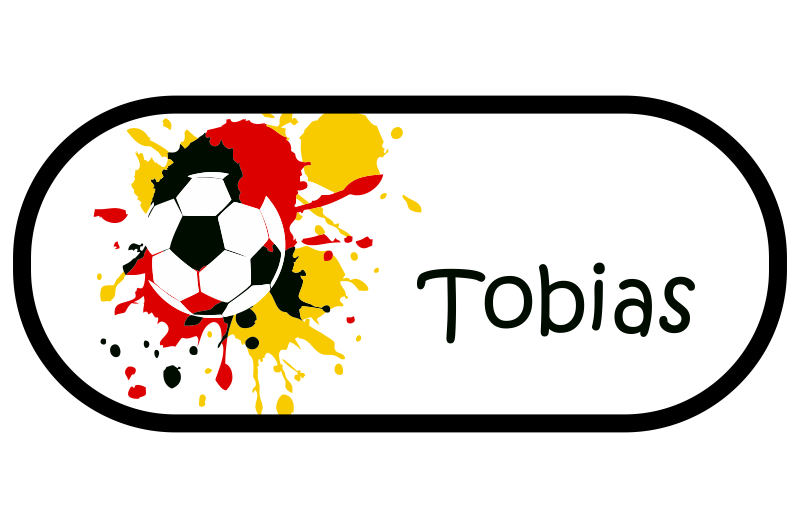 Stiftebox Fußball mit Fußballmotiv und Namen Tobias Weiße Stiftebox mit schwarzem Rand, Fußballmotiv mit Farbklecksen in Schwarz, Rot und Gelb sowie dem aufgedruckten Namen Tobias auf der Vorderseite.