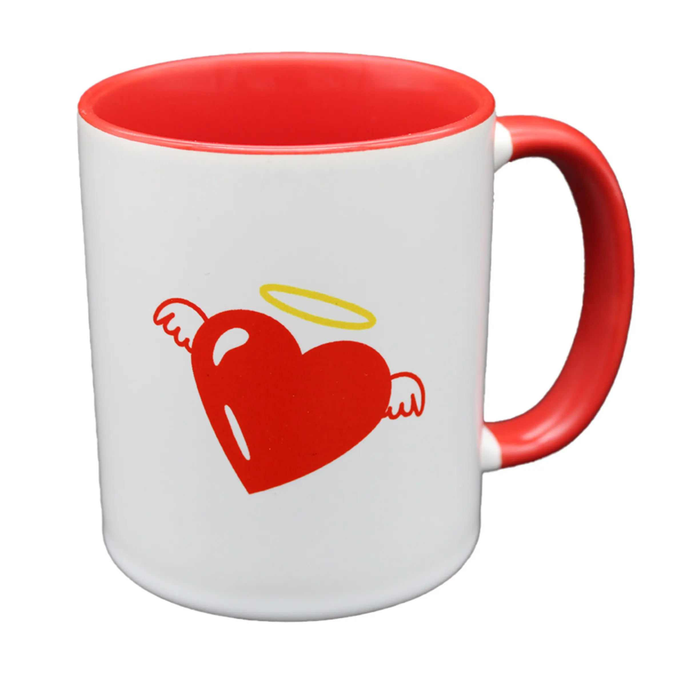 Tasse Hab ich schon verstanden mit rotem Henkel und Herzmotiv Weiße Tasse Hab ich schon verstanden mit rotem Henkel und rotem Innenrand, bedruckt mit einem roten Herz mit kleinen Flügeln und gelbem Heiligenschein