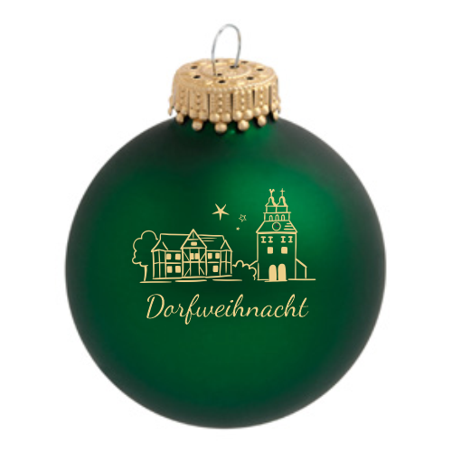 Hövelhof Dorfweihnacht Weihnachtskugel mit goldenem Dorfmotiv Grüne Weihnachtskugel aus Glas mit goldfarbenem Motiv aus Häusern, Kirche, Sternen und dem Schriftzug Dorfweihnacht, oben mit goldfarbener Aufhängung.