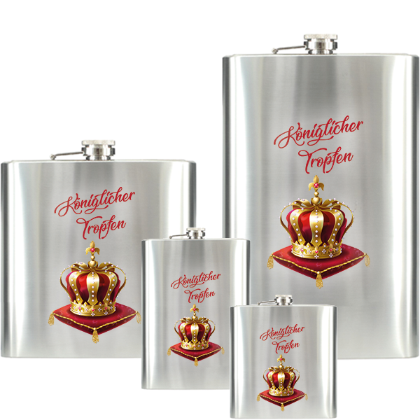 Flachmann Königlicher Tropfen aus Edelstahl mit Kronenmotiv Edelstahl-Flachmann Königlicher Tropfen in vier Größen mit rotem Schriftzug und königlichem Kronenmotiv auf Kissen