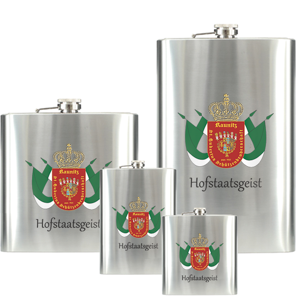 Flachmann Hofstaatsgeist aus Edelstahl mit Wappenmotiv Vier Edelstahl-Flachmänner Hofstaatsgeist in verschiedenen Größen mit silberner Oberfläche, Schraubverschluss, gekröntem Wappenmotiv und Schriftzug Hofstaatsgeist auf der Vorderseite